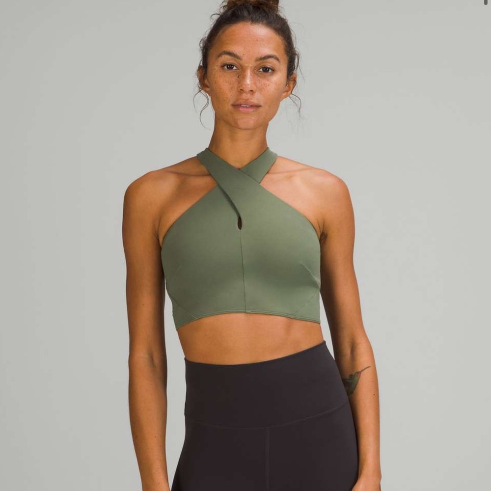 Lululemon nulu align front wrap halter 4 crop top long line bra green twill